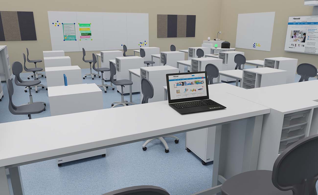 Klassenzimmer LernLounge Ausschnitt mit Flexeo LernFlex Tischen, essBar Hochtischen, Flexeo Caddys und Schallschutz