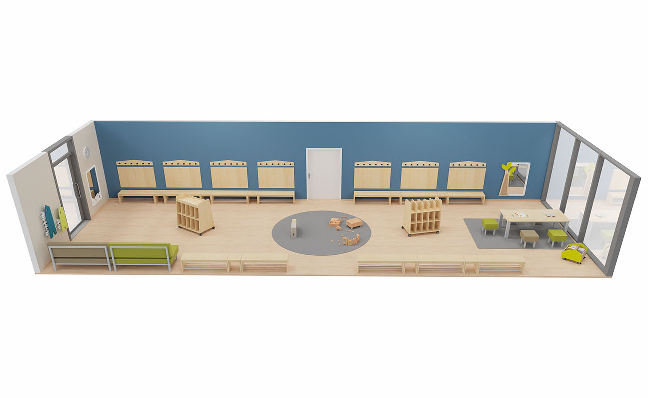 Garderobe Spiel- und Stauraum Seitenansicht mit Flexeo Armadio Garderobe, essBar Bänken und Tischen,  EduCasa Taschenwagen und Bücherwagen und Betzold Bausteinwagen