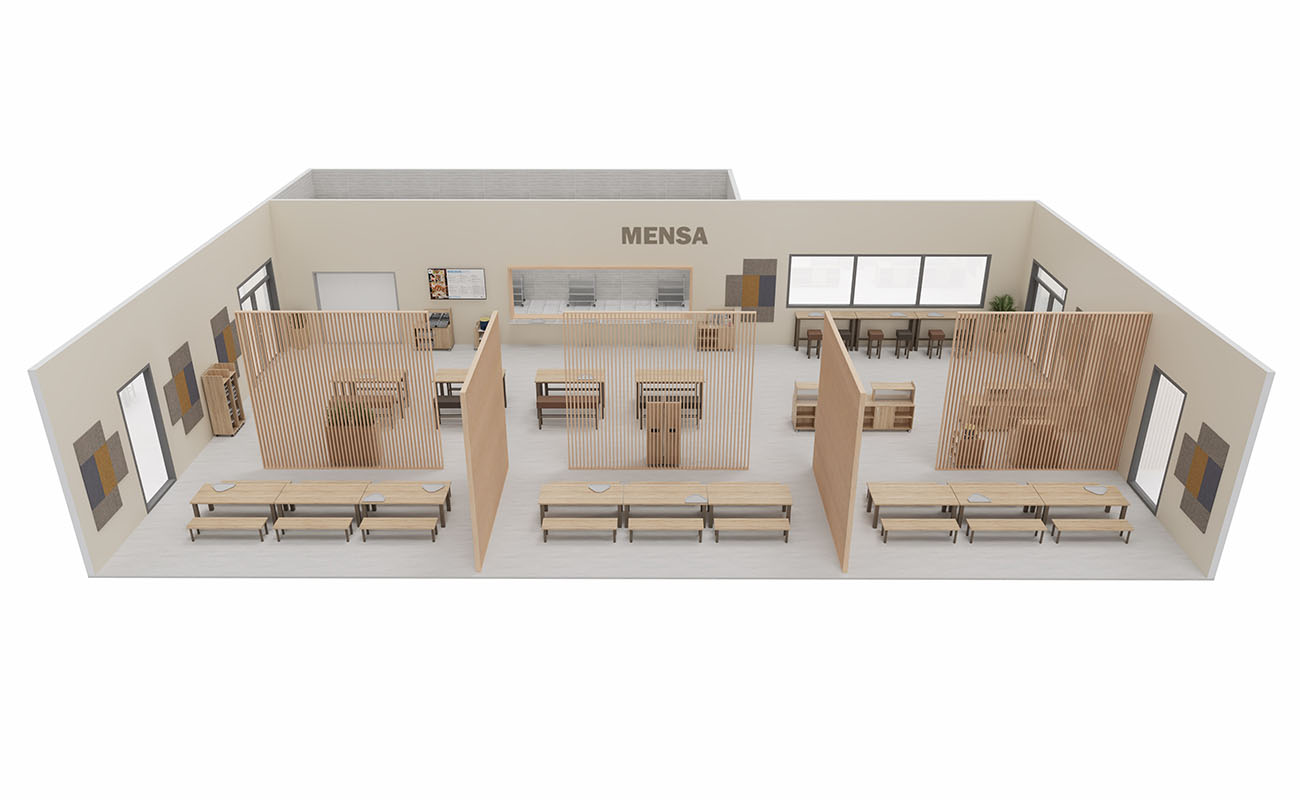Mensa Kinderbistro Seitenansicht mit essBar Tischen und Bänken, Hochtischen und Hochbänken, xilent Schallschutz und Flexeo Tablettwagen mit Raumtrenner, Bauwagen, Spielhaus Sinne, Baumspiegel