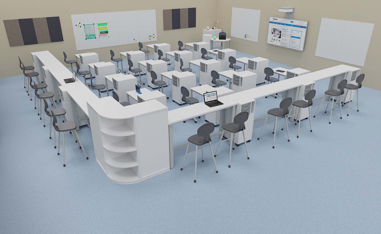 Klassenzimmer LernLounge Ecke mit essBar Hochtischen, Hochstühlen, Flexeo LernFlex Tischen und Drehstühlen