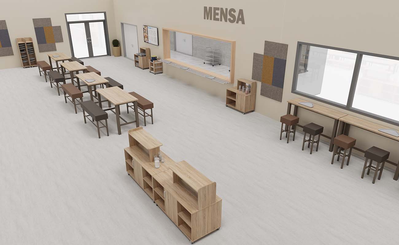 Mensa Kinderbistro Ausschnitt mit essBar  Hochtischen und Hochbänken und Flexeo Tablettwagenz