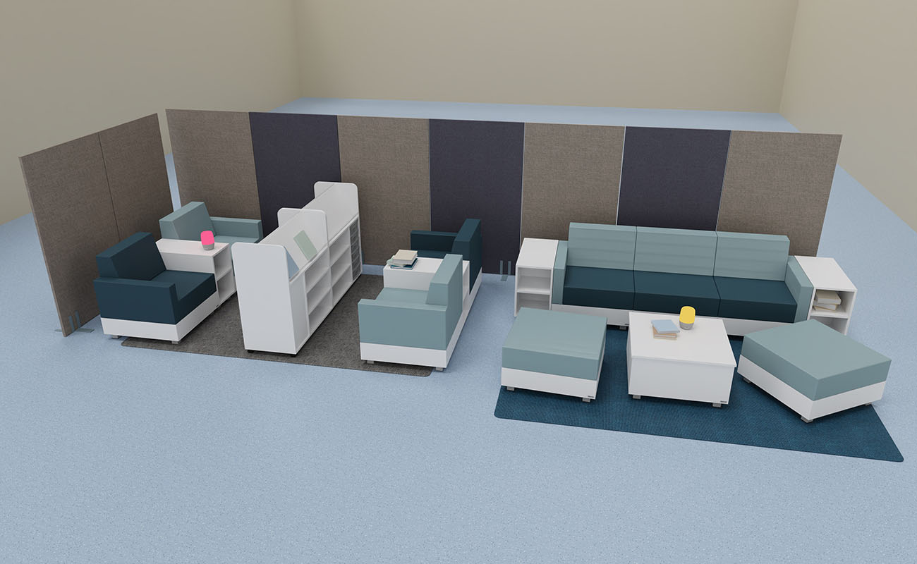 Klassenzimmer LernLounge Ecke mit Chillo Sofas, Sesseln, Couchtisch und Schallschutzwänden