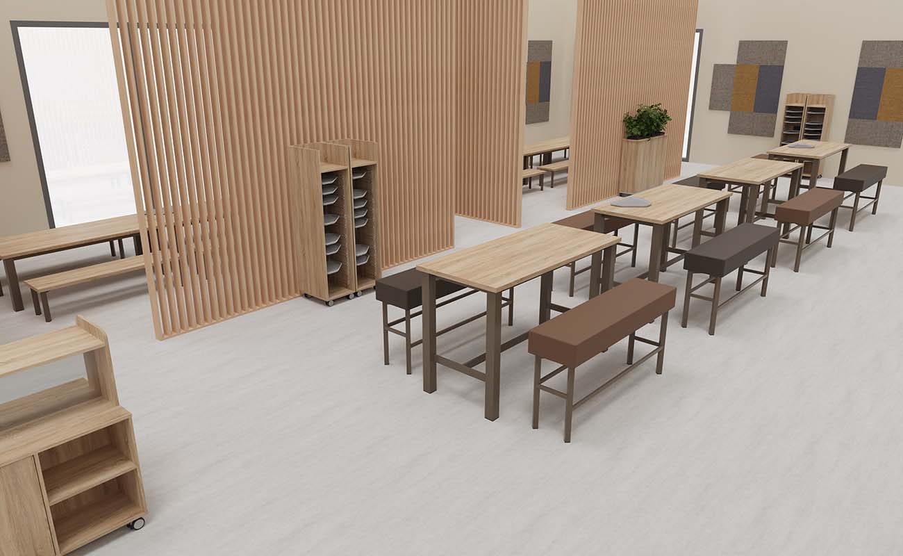 Mensa Kinderbistro Ausschnitt mit Lamellenwänden, essBar Tischen und Bänken, Hochtischen und Hochbänken,  xilent Schallschutz und Flexeo Tablettwagen
