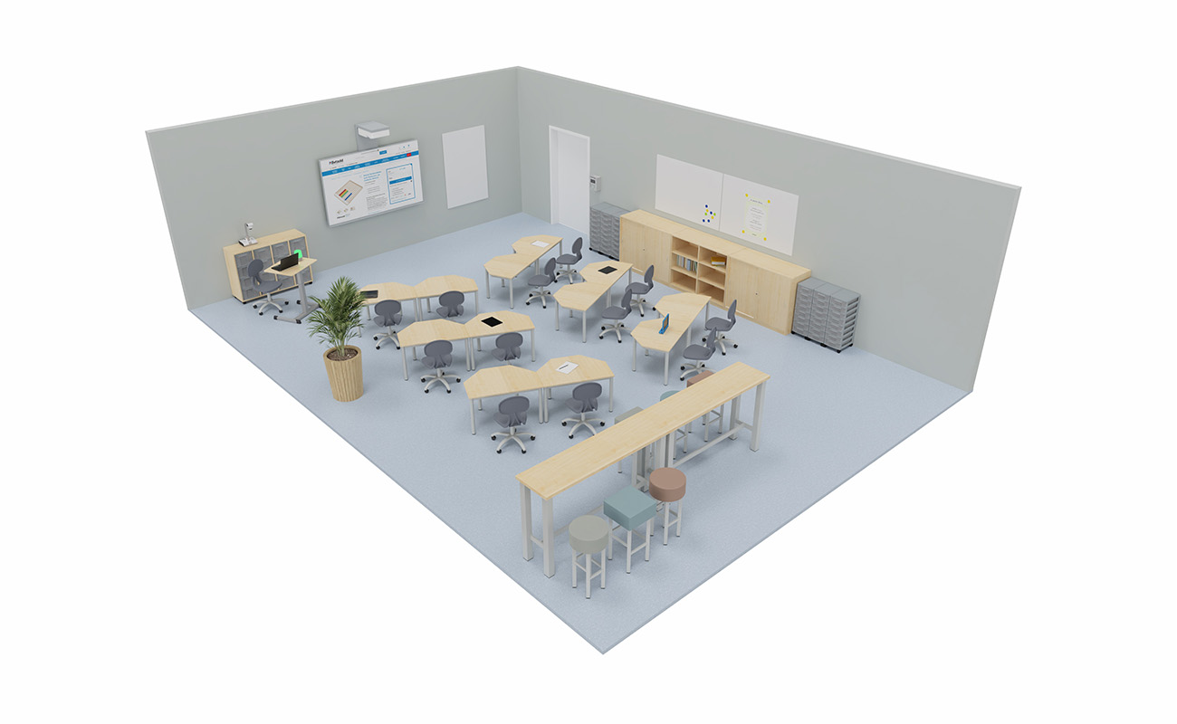 Klassenzimmer ProjektZone mit Flexeo LernFlex Tischen, Flexeo Schränken und essBar Hochtischen und -stühlen
