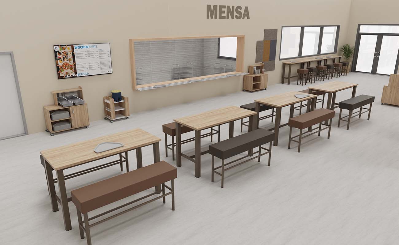 Mensa Kinderbistro Ausschnitt mit Betzold Buffetwagen, Getränkemobil, essBar Hochtischen und Hochbänken,  xilent Schallschutz und Flexeo Tablettwagen