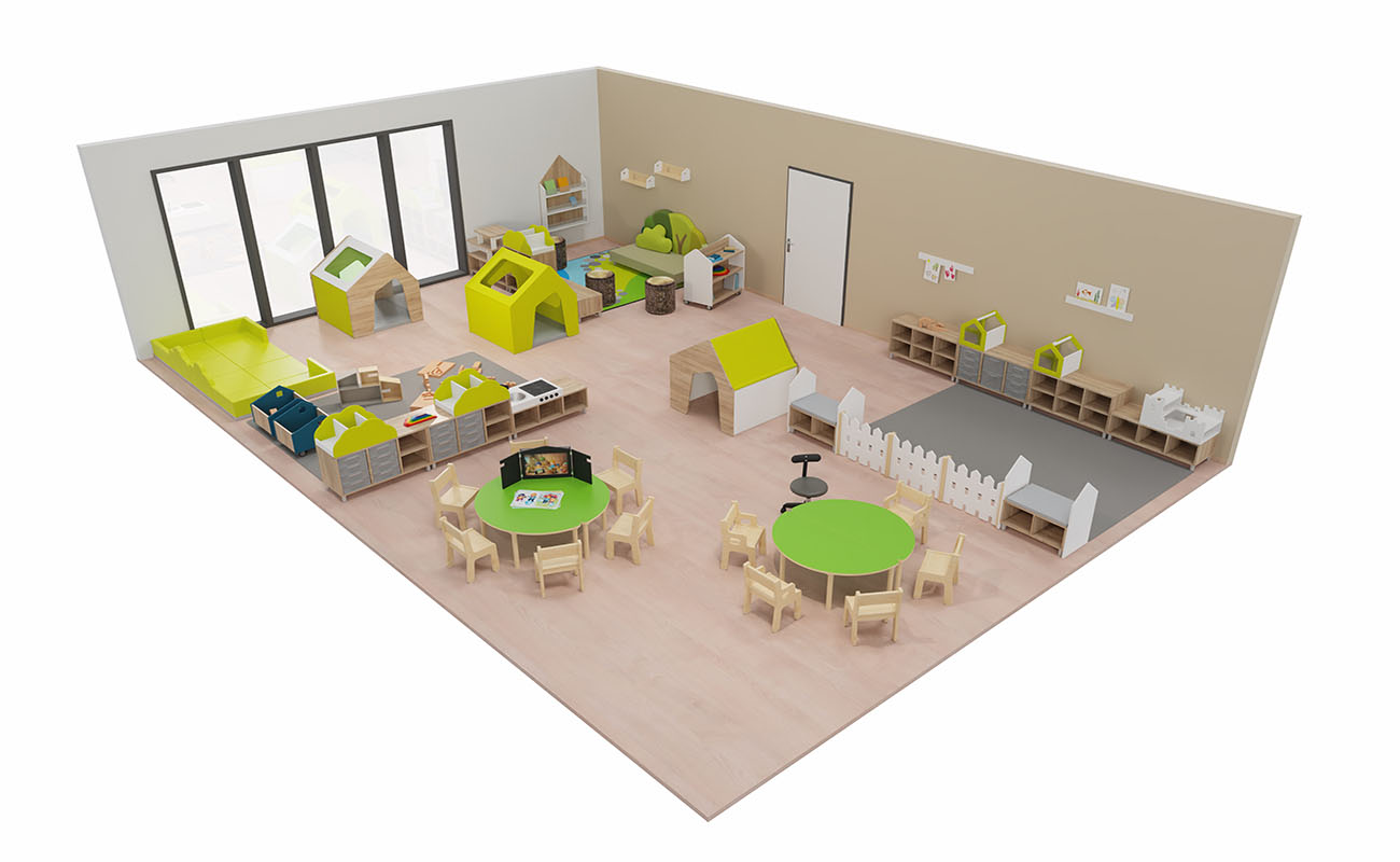 Gruppenraum Wohlfühlgruppenraum mit Betzold Waldsofa, EduCasa Spielhaus Sinne, Bücherwagen, Flexeo Regalen, Spiegelhaus und Ritterburg Regalaufsatz
