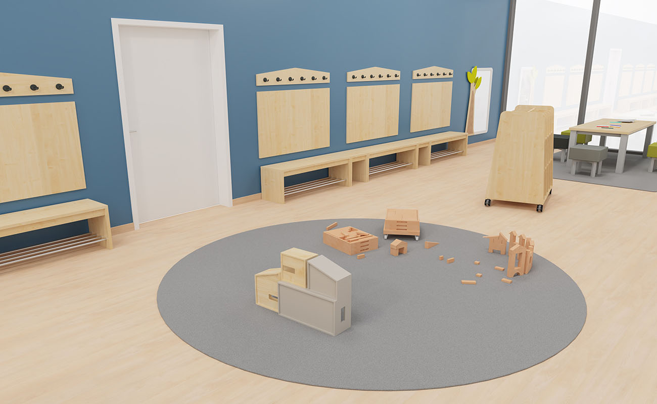 Garderobe Spiel- und Stauraum Ausschnitt mit Flexeo Armadio Garderobe, essBar Bänken und Tischen,  EduCasa Taschenwagen und Betzold Bausteinwagen