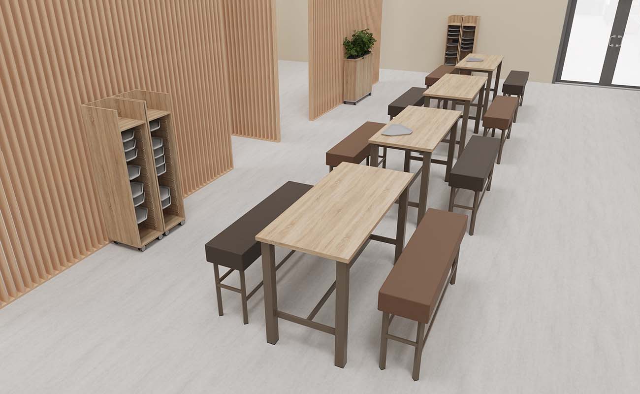 Mensa Kinderbistro Mensa Kinderbistro Ecke mit essBar Hochtischen und Hochbänken und Flexeo Tablettwagen
