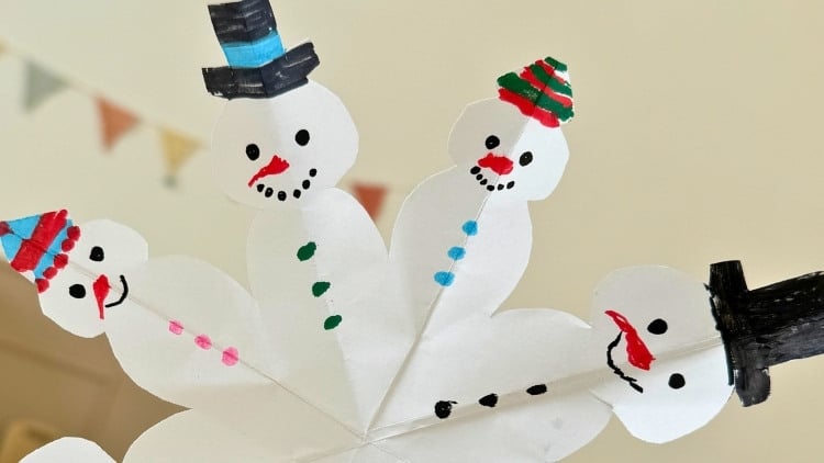 Gefaltetes Papier in Schneemannform ausgeschnitten und wieder aufgefaltet.