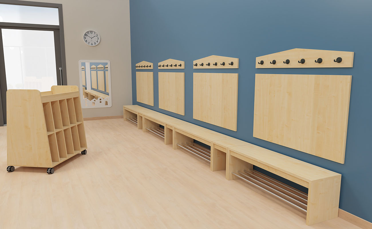Garderobe Spiel- und Stauraum Ausschnitt mit Flexeo Armadio Garderobe und EduCasa Taschenwagen und Spiegel Haus