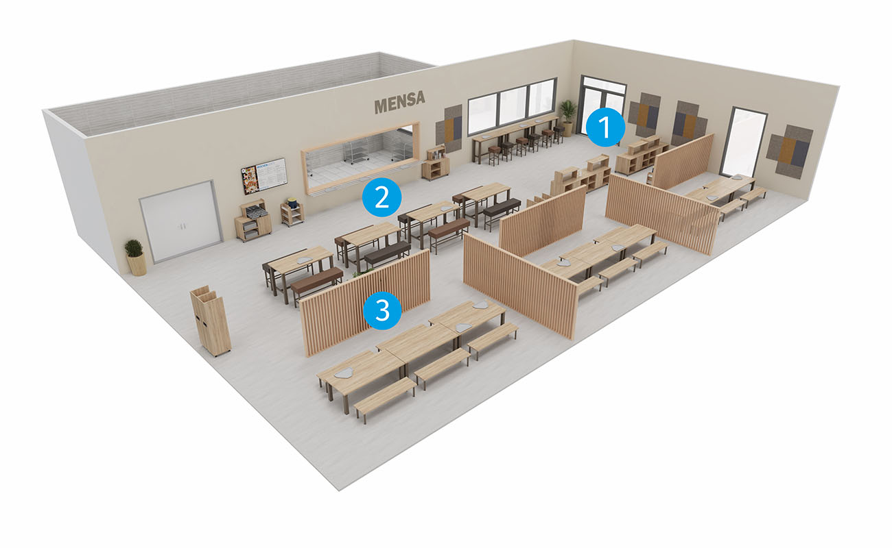 Mensa Kinderbistro mit essBar Tischen und Bänken, Hochtischen und Hochbänken, xilent Schallschutz und Flexeo Tablettwagen