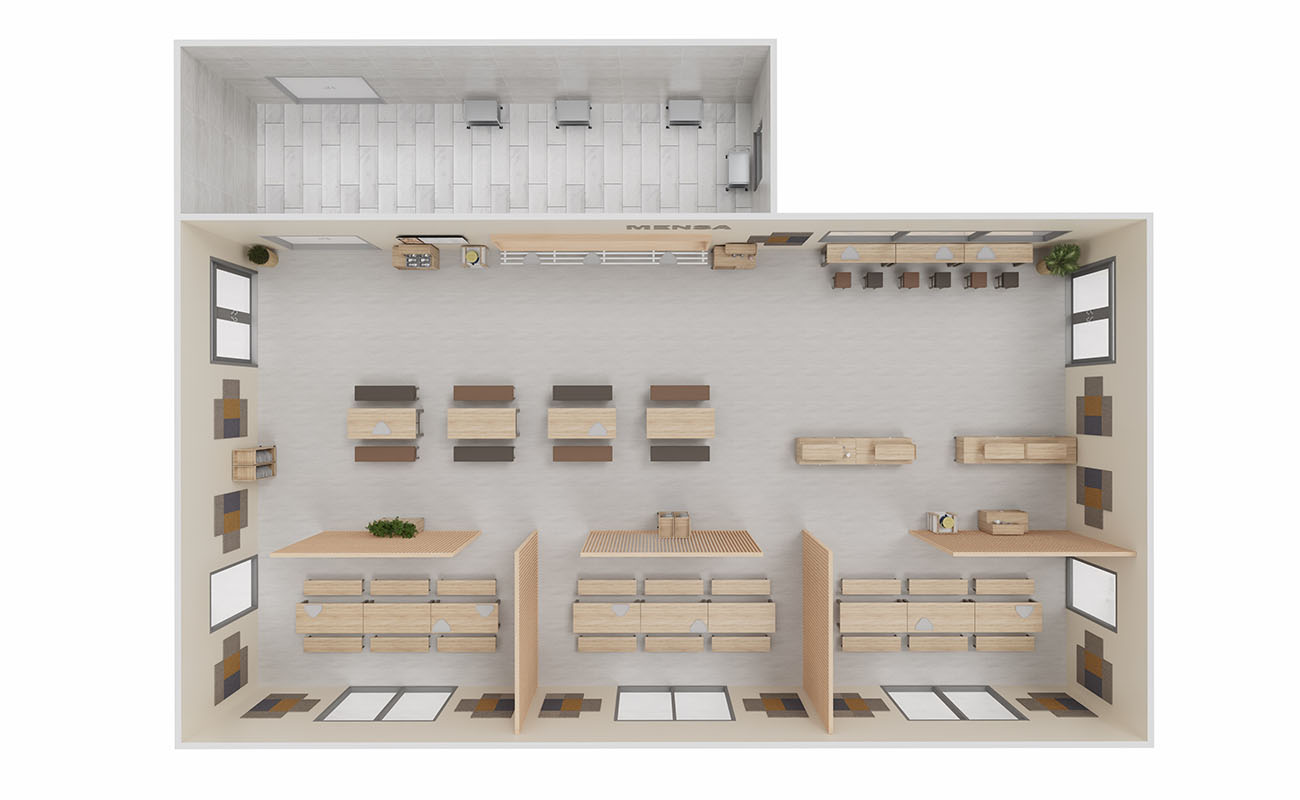 Mensa Kinderbistro Obenansicht mit essBar Tischen und Bänken, Hochtischen und Hochbänken,  xilent Schallschutz und Flexeo Tablettwagen
