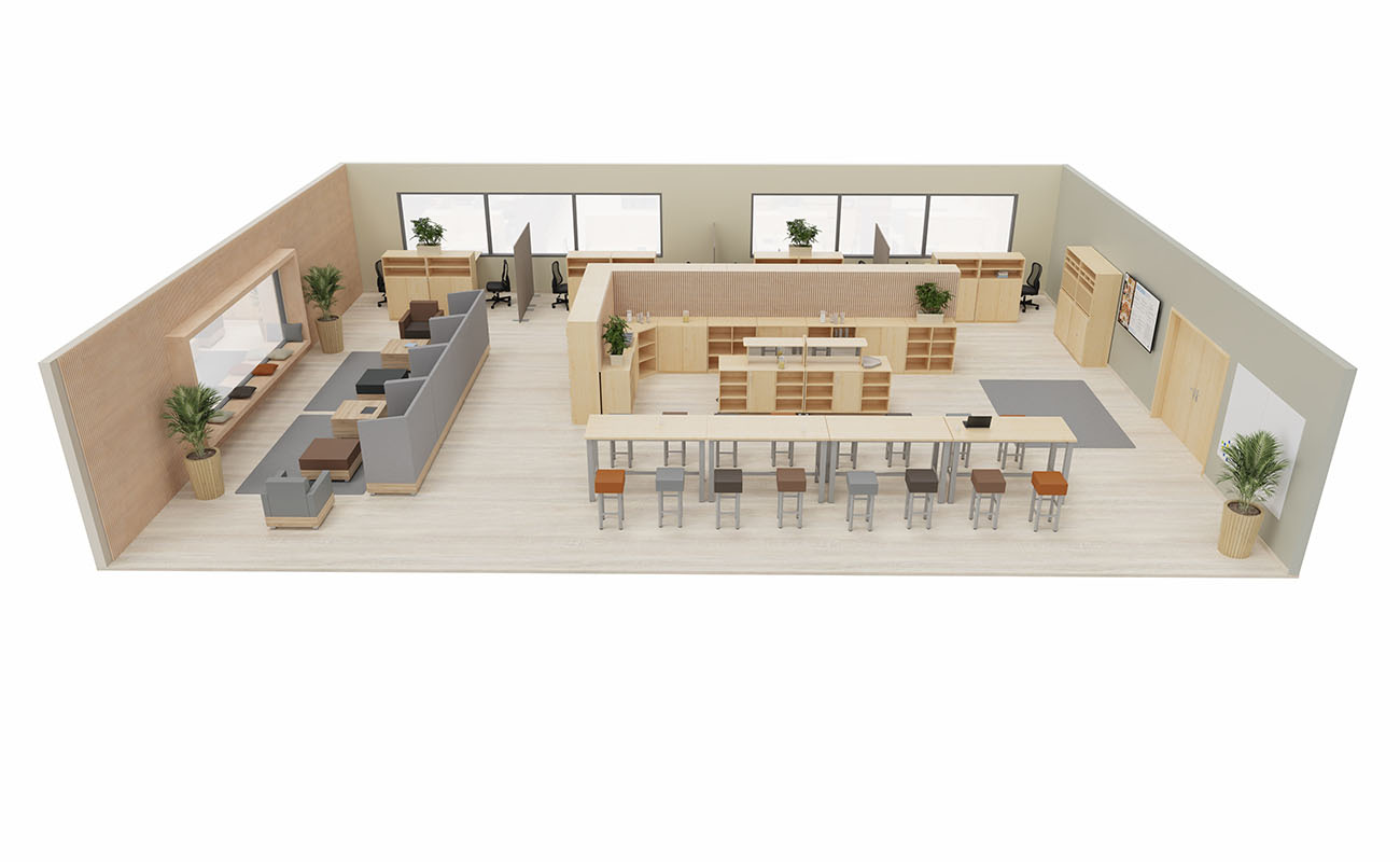 Lehrerzimmer Lehrkraft-Lounge Seitenansicht mit Schallschutzsofas, Flexeo Schränken, essBar Hochtischen und Hochhockern