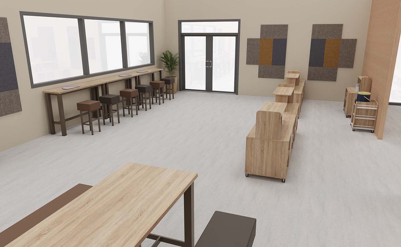 Mensa Kinderbistro Ausschnitt mit essBar Tischen und Bänken, Hochtischen und Hochbänken,  xilent Schallschutz und Flexeo Tablettwagen