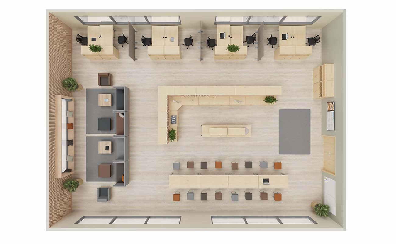 Lehrerzimmer Lehrkraft-Lounge Ansicht von oben mit Schallschutzsofas, Flexeo Schränken, essBar Hochtischen und Hochhockern