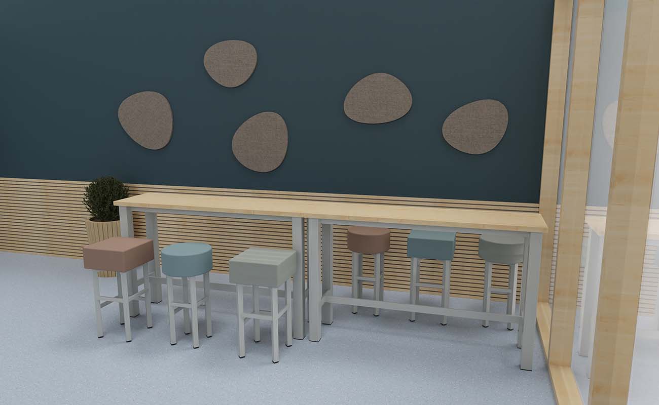 Klassenzimmer ProjektZone Klassenzimmer ProjektZone Ecke mit essBar Hochtischen und -stühlen