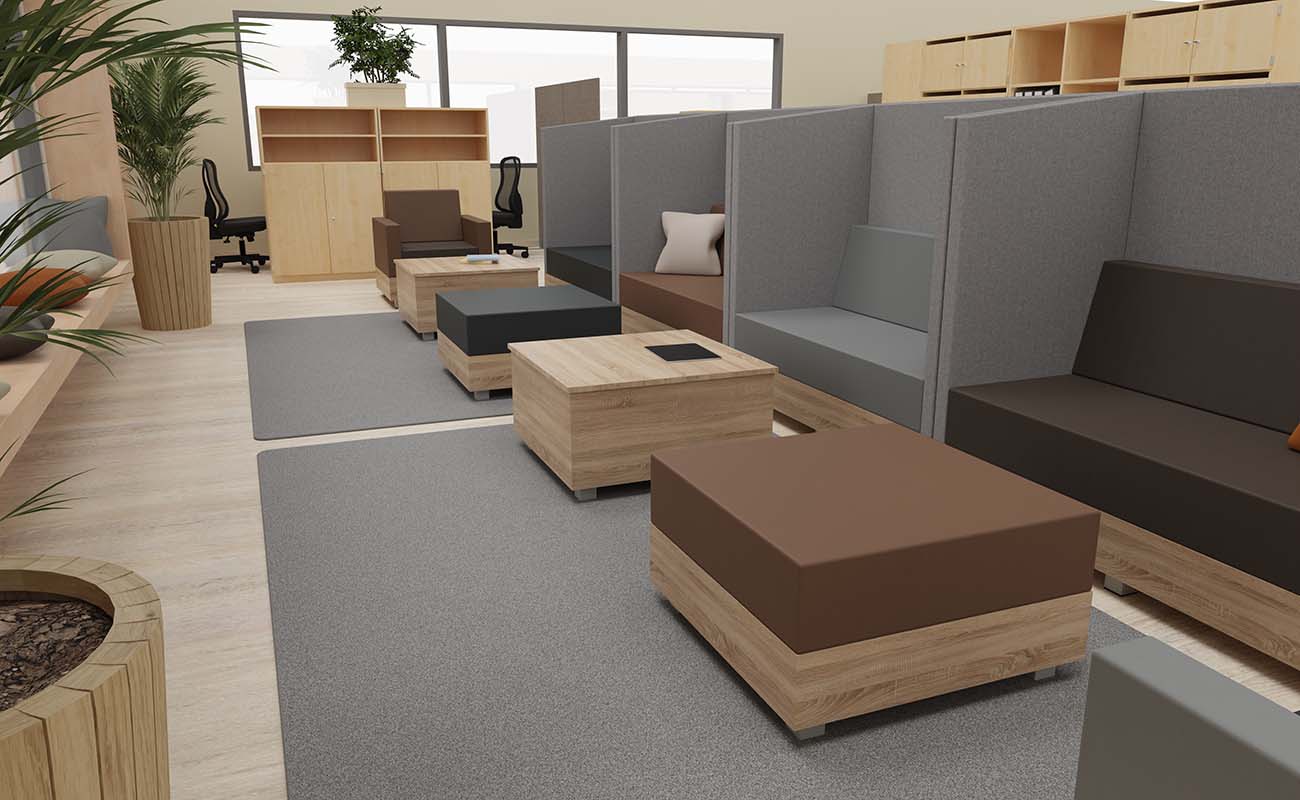 Lehrerzimmer Lehrkraft-Lounge Ausschnitt mit Chillo Schallschutzsofas, Betzold Teppichen und Flexeo Schränken