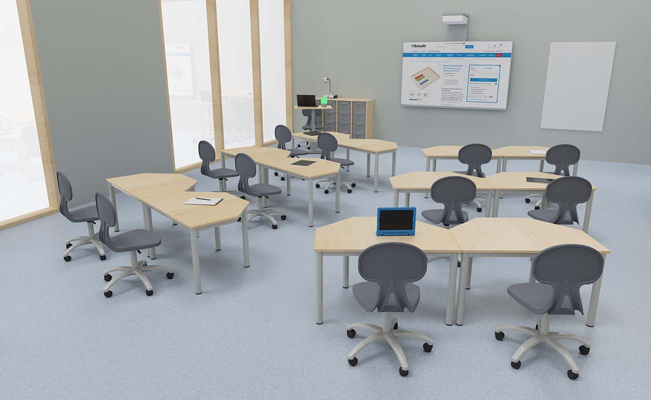 Klassenzimmer ProjektZone Unterrichtsbereich Klassenzimmer ProjektZone Ecke mit Flexeo LernFlex Tischen, Flexeo Schränken und Whiteboard