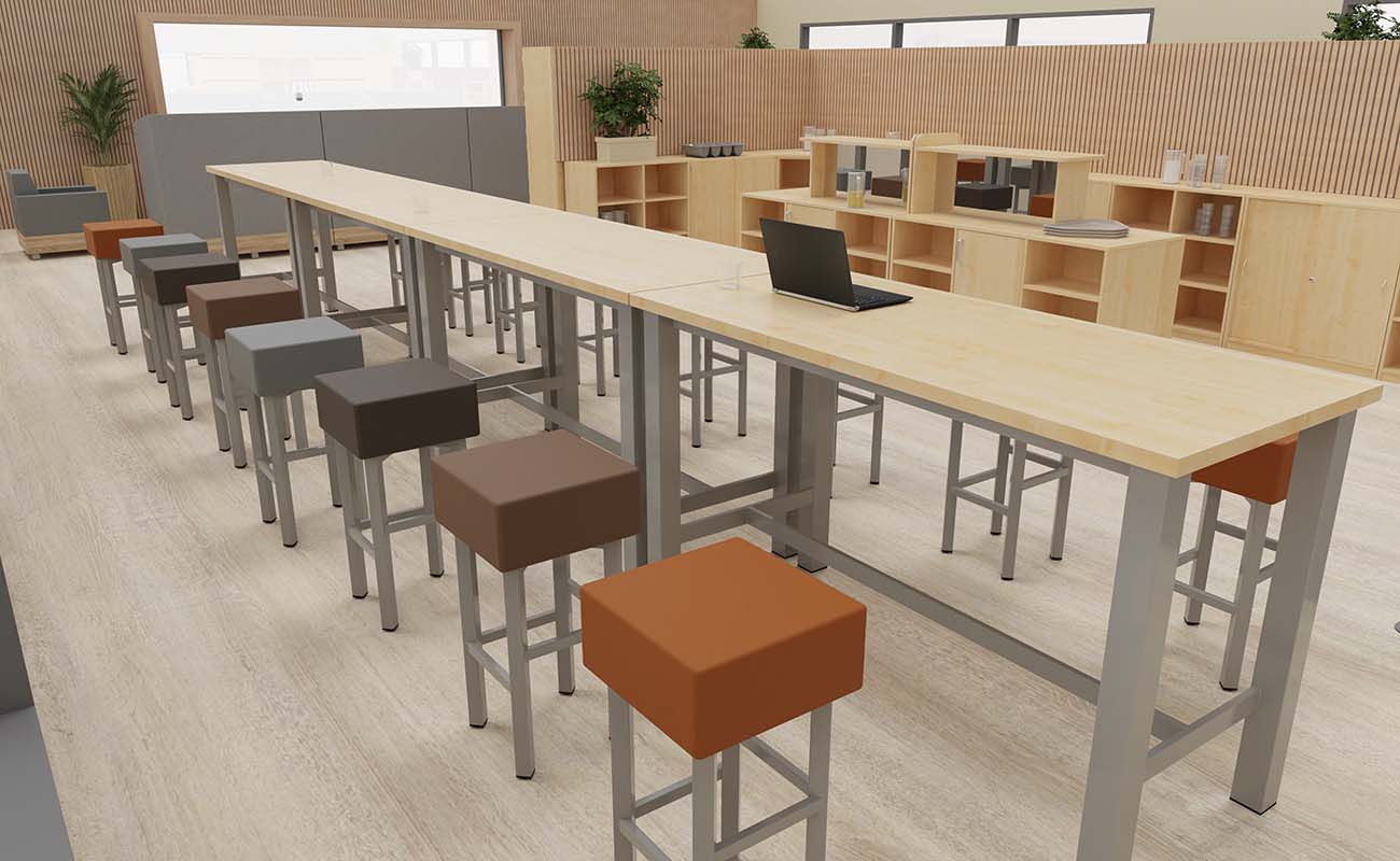Lehrerzimmer Lehrkraft-Lounge Ausschnitt mit Flexeo Schränken, essBar Hochtischen und Hochhockern