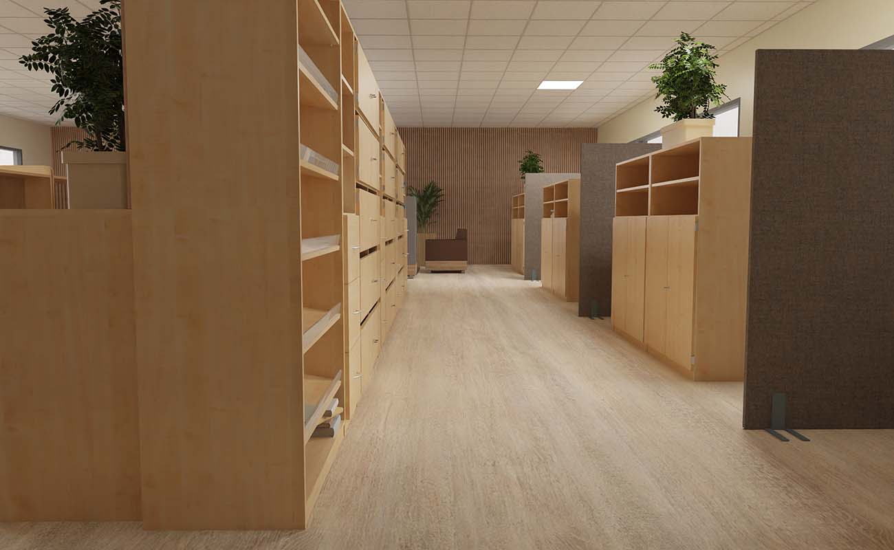 Lehrerzimmer Lehrkraft-Lounge Ausschnitt mit Flexeo Schränken und Schallschutzwänden