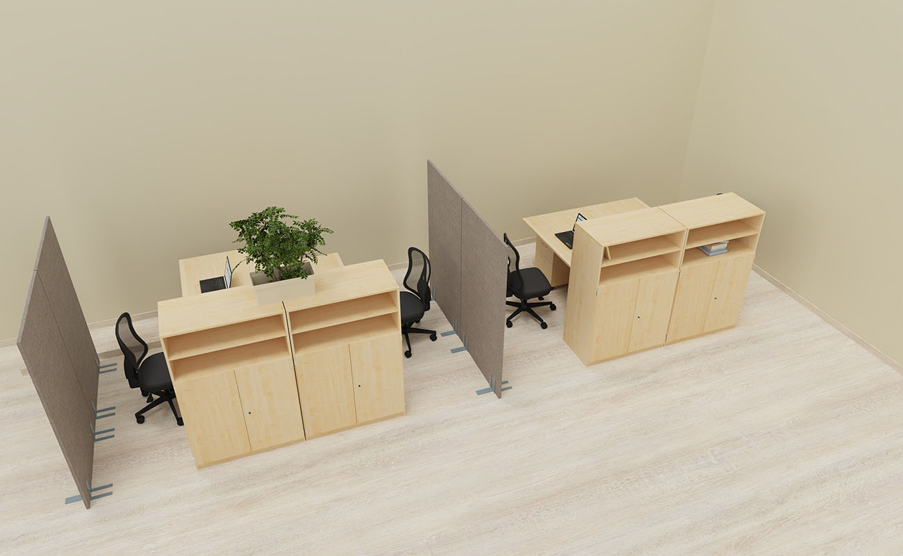 Lehrerzimmer Lehrkraft Lounge Ecke mit höhenverstellbaren Schreibtischen, Flexeo Schränken und Schallschutzwänden