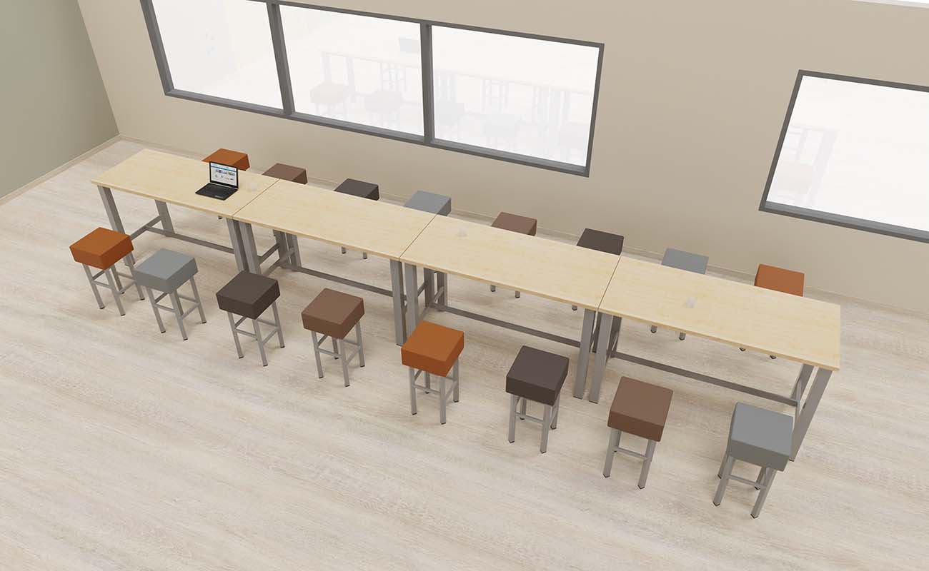 Lehrerzimmer Lehrkraft Lounge Ecke mit essBar Hochhockern und Hochtischen