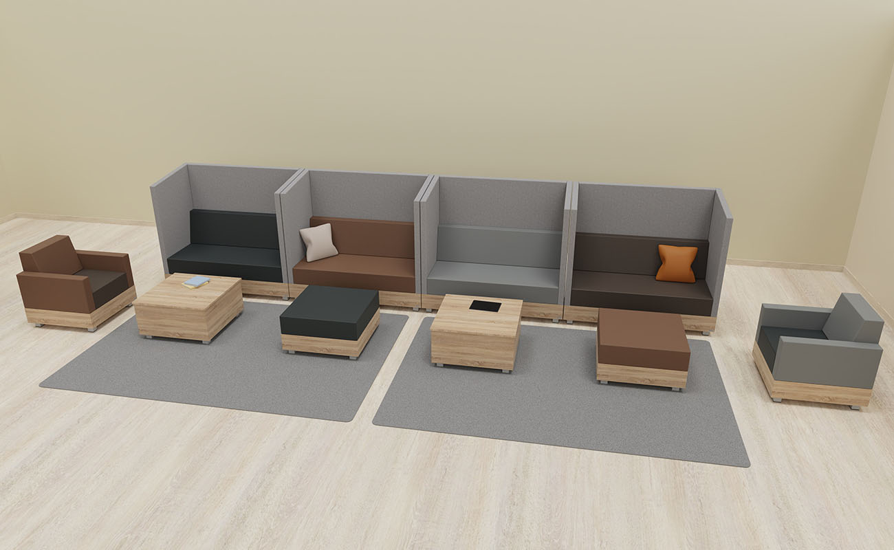 Lehrerzimmer Lehrkraft Lounge Ecke mit Chillo Schallschutzsofas, Chillo Sesseln und Chillo Couchtischen