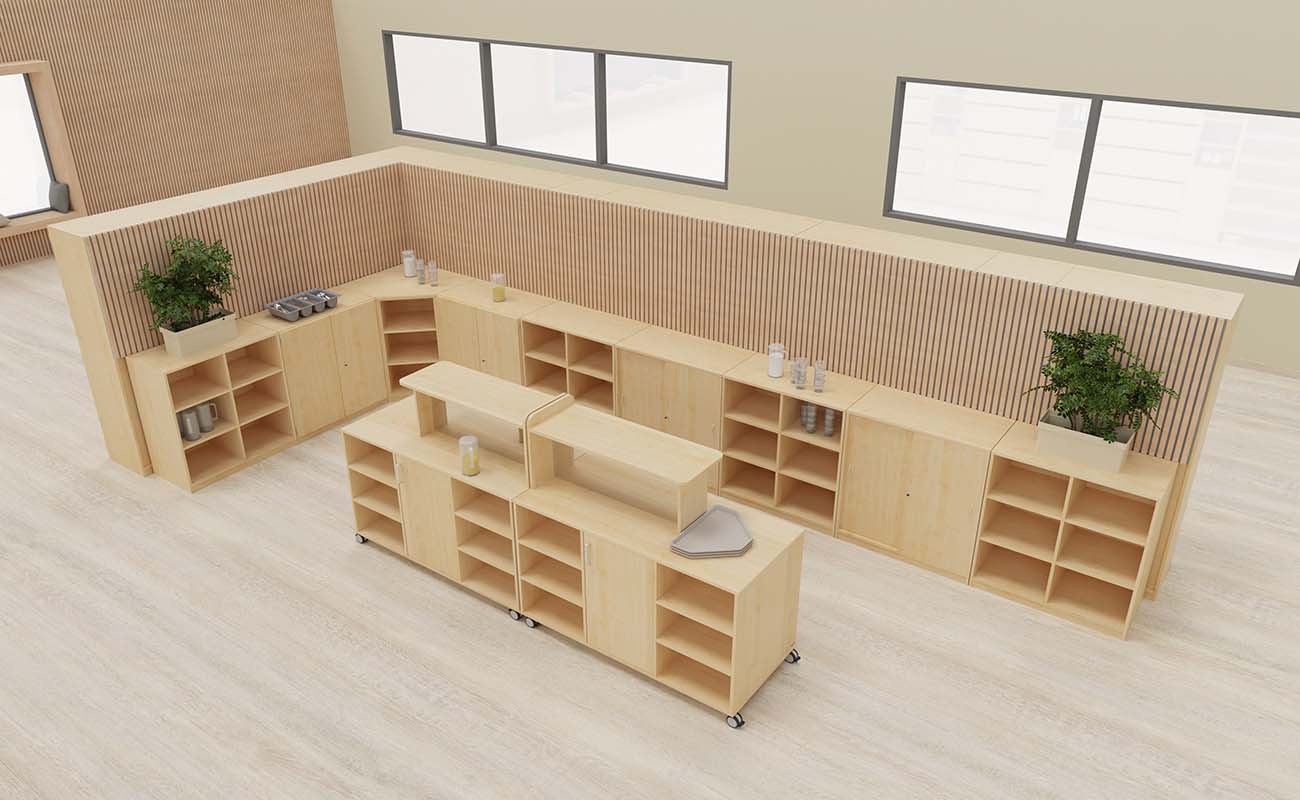 Lehrerzimmer Lehrkraft Lounge Lehrerzimmer Lehrkraft Lounge Ecke mit Flexeo Regalen und Schränken und Buffetwagen
