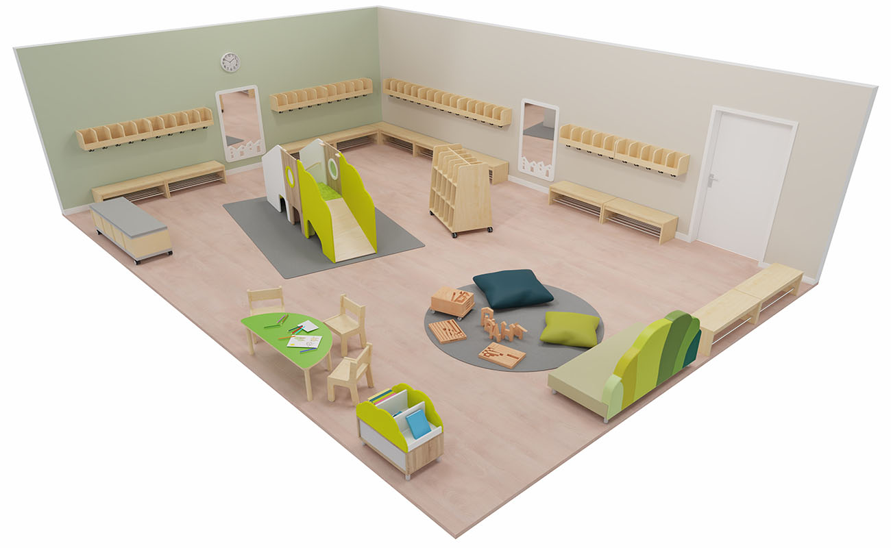 Garderobe Herzlich Willkommen mit EduCasa Spielburg, Flexeo Armadio Garderobe, Betzold Waldsofa, EduCasa Taschenwagen, Bausteinwagen und Bücherkiste Busch