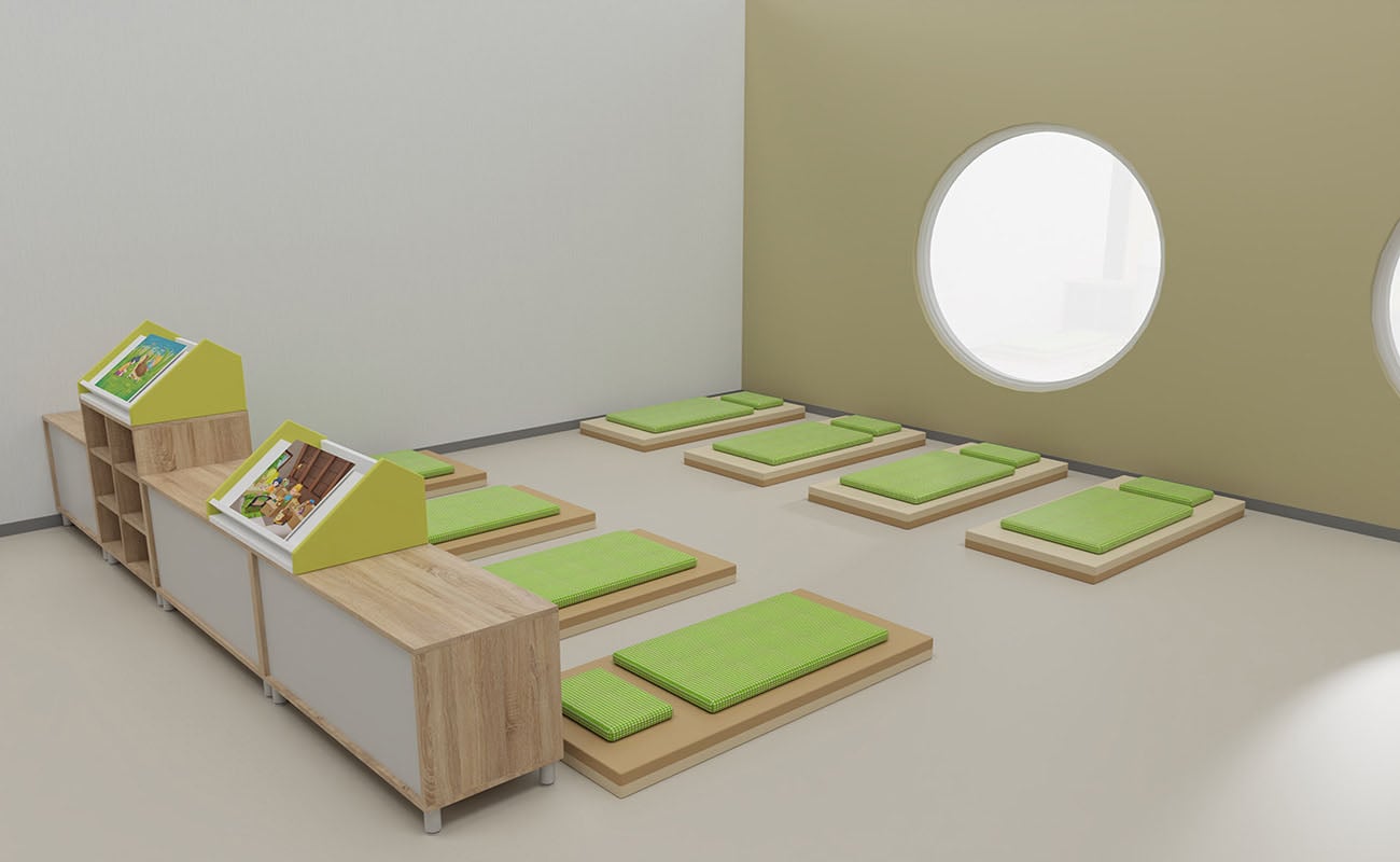 Schlafraum Spiel und Schlummerstube Schlafraum Spiel und Schlummerstube mit Flexeo Raumtrenner mit Bücherpult, Wickeltisch, Bodensitzpolstern, EduCasa Traumhaus, Bücherwagen und Bücherregal