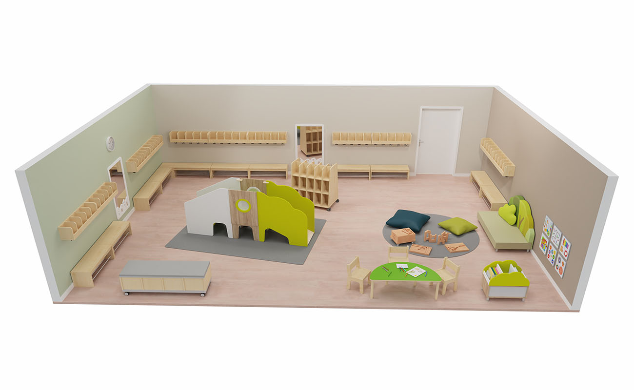 Garderobe Herzlich Willkommen mit EduCasa Spielburg, Flexeo Armadio Garderobe, Betzold Waldsofa, EduCasa Taschenwagen, Bausteinwagen und Bücherkiste Busch