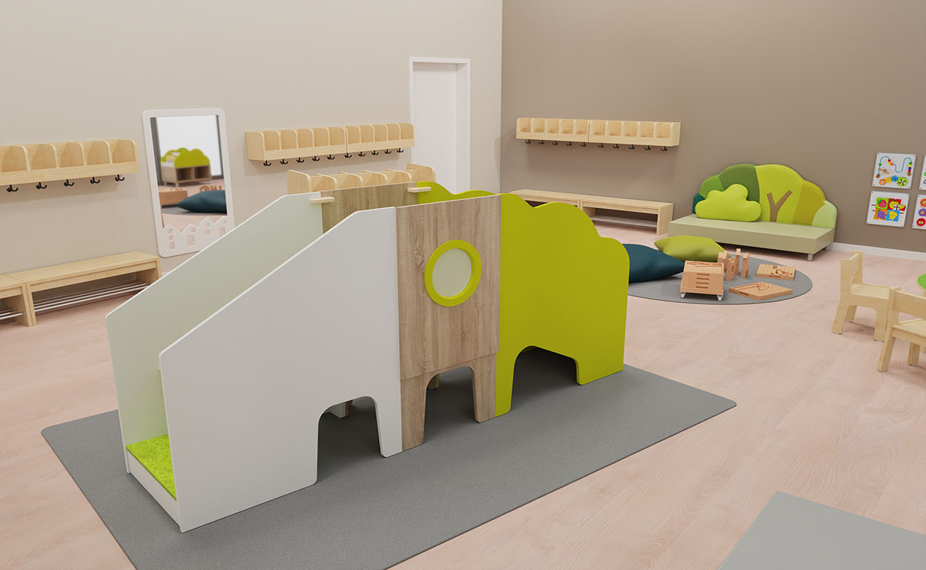Garderobe Herzlich Willkommen Ausschnitt mit EduCasa Spielburg, Flexeo Armadio Garderobe, Betzold Waldsofa und Bausteinwagen