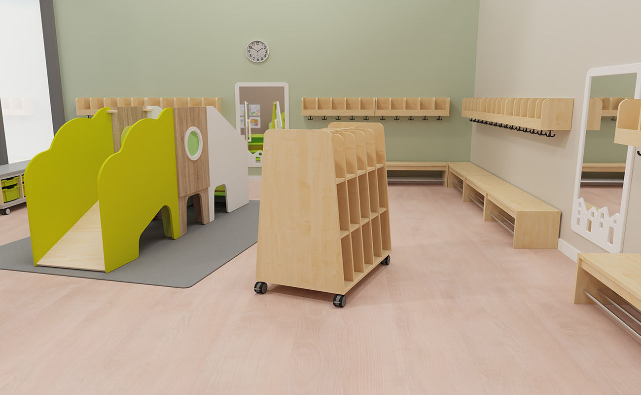 Garderobe Herzlich Willkommen Ausschnitt mit EduCasa Spielburg, Taschenwagen, Flexeo Armadio Garderobe und EduCasa Spiegel