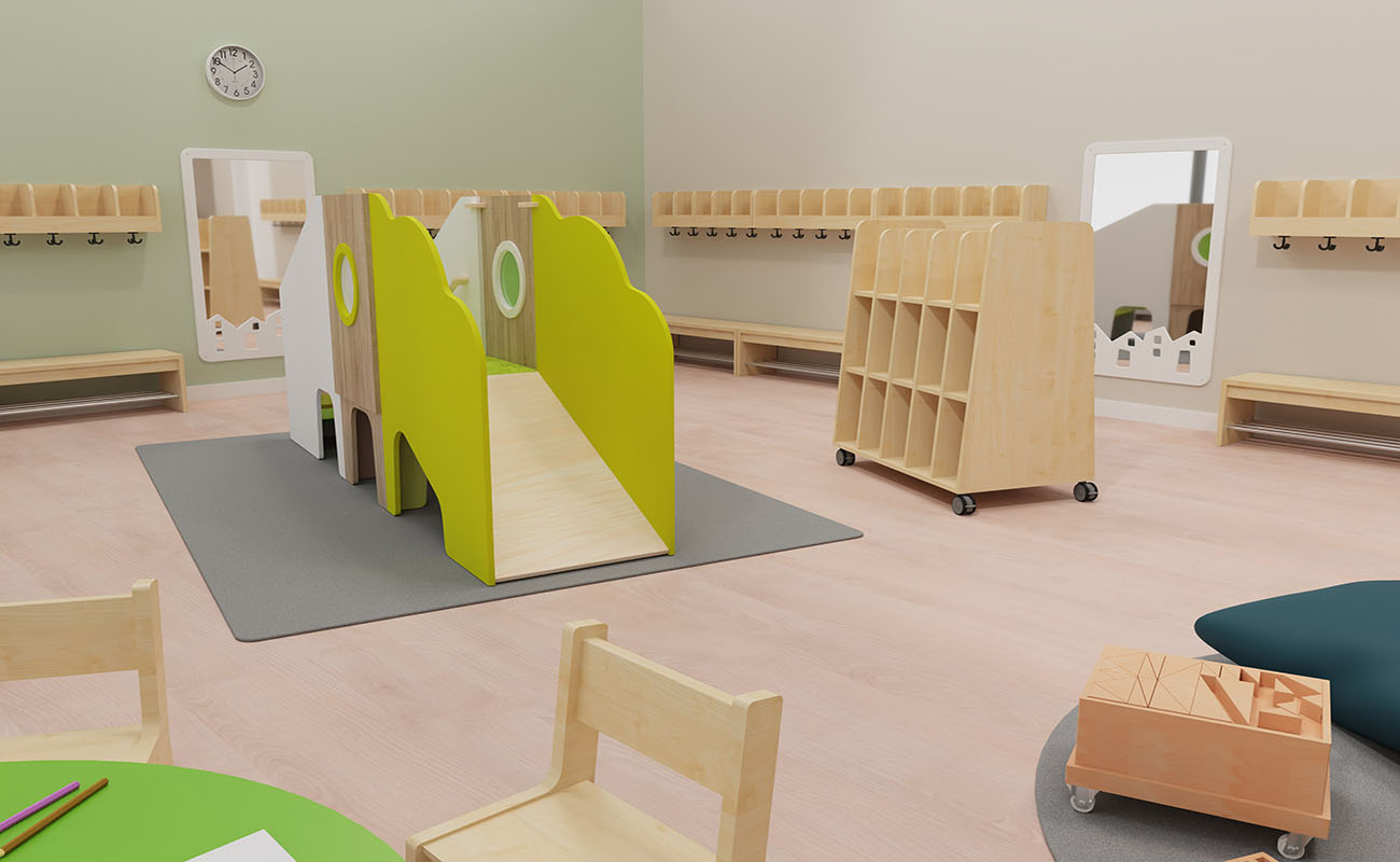 Garderobe Herzlich Willkommen Ausschnitt mit EduCasa Spielburg, Taschenwagen, Betzold Bausteinwagen, FLexeo Armadio Garderobe und Baccus Tisch mit Daggis Stühlen