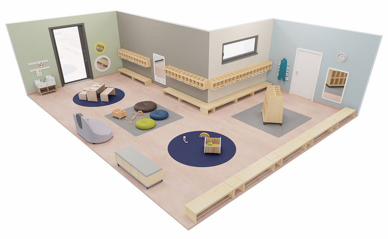 Garderobe Hereinspaziert mit Flexeo Armadio Garderobe, Betzold Elefanten Sofa, Bodensitzkissen, EduCasa Regalaufsatz Ritterburg, Kindersitzgruppe und Elternpostkasten Haus