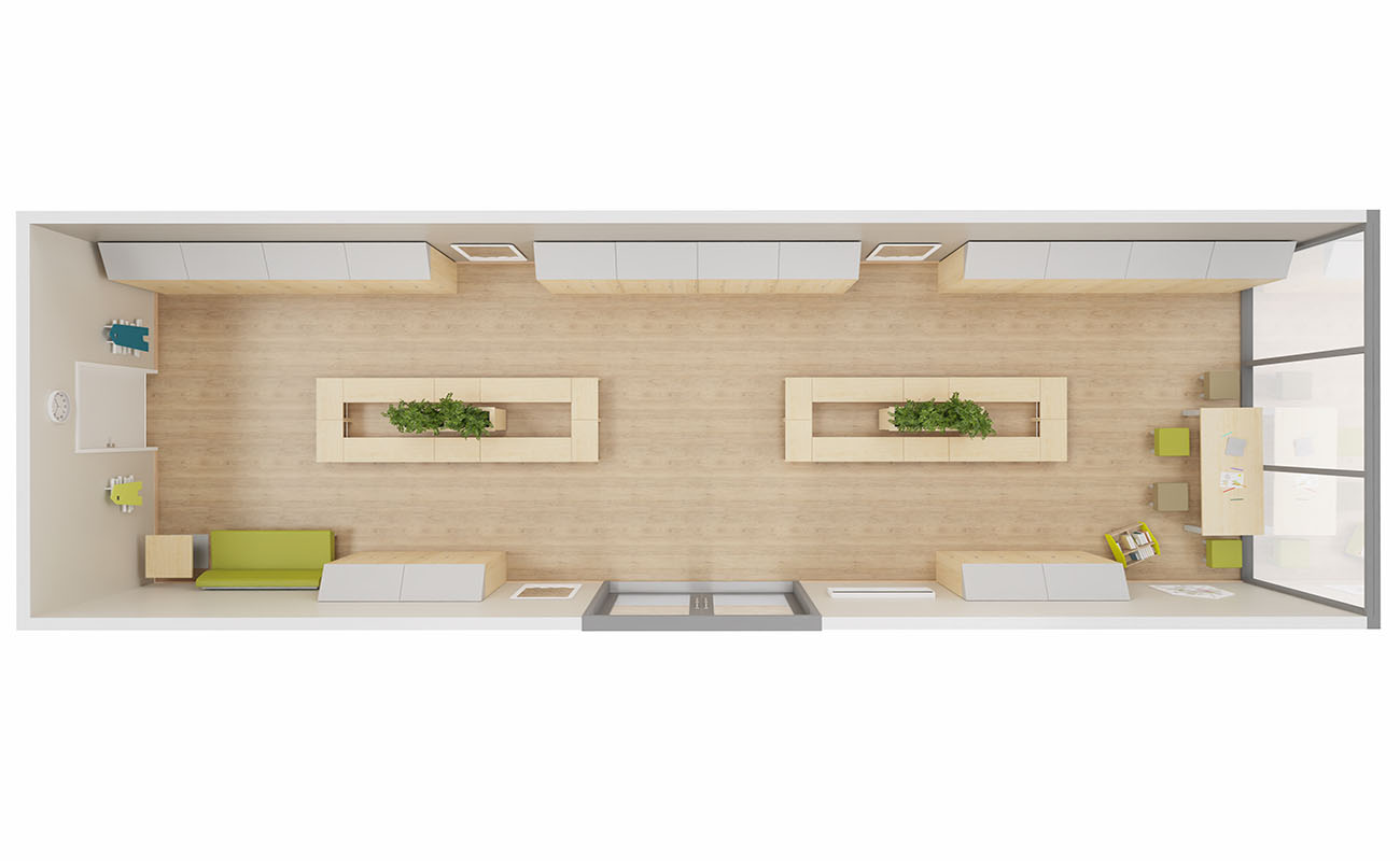 Garderobe Grüner Treffpunkt mit Flexeo Armadio Garderobenschränken, EduCasa Elternpostkästen,  Bücherwagen und Magnet- und Tafelwand, essBAR Bank und Stühle
