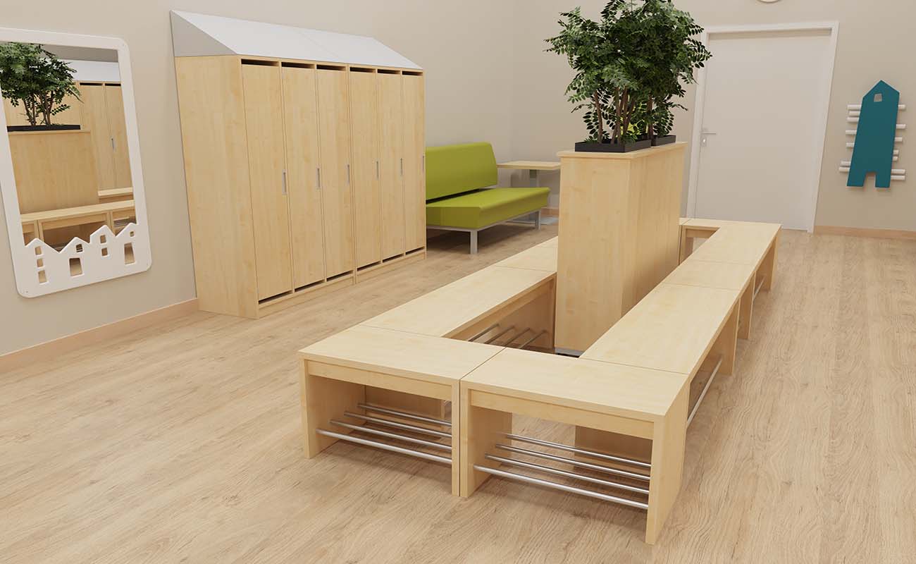 Garderobe Grüner Treffpunkt Ausschnitt mit EduCasa Spiegel Stadt, Flexeo Armadio Garderobenschrank und Garderobenbank, essBAR Bank und EduCasa Elternpostkasten
