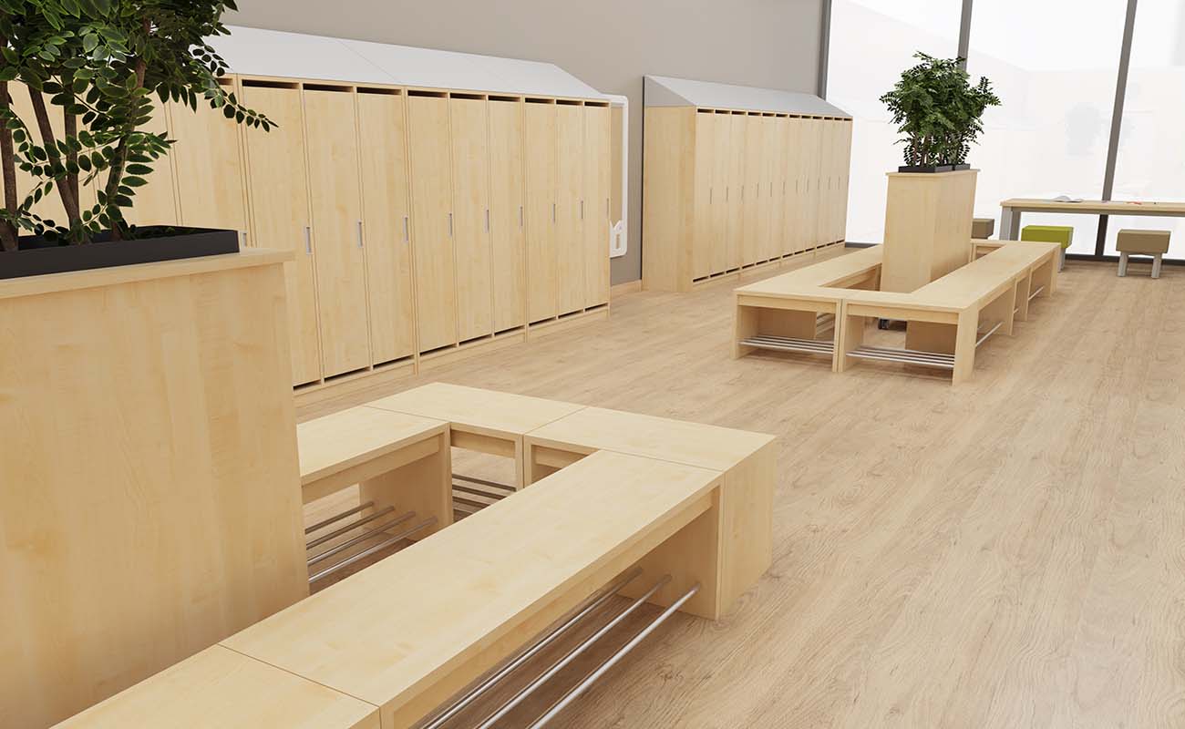 Garderobe Grüner Treffpunkt Ausschnitt mit Flexeo Armadio Garderobenschränken, Pflanzkübeln und Garderobenbänken