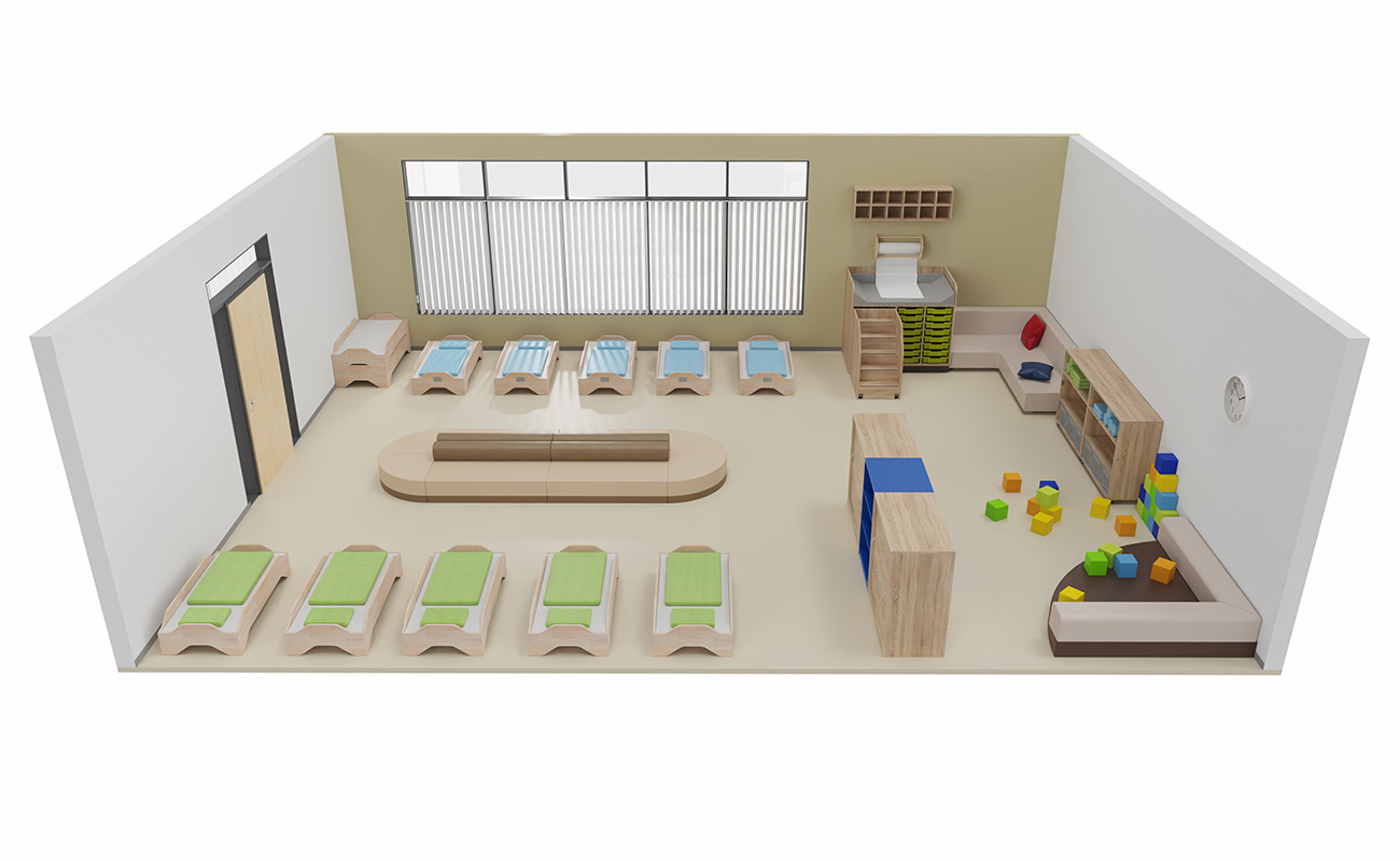 Schlafraum Oase Seitenansicht Raumsituationen mit Flexeomöbeln, stapelbaren Kinderbetten, Clubbo-Sofa und Schaumbausteinen in der Spielecke