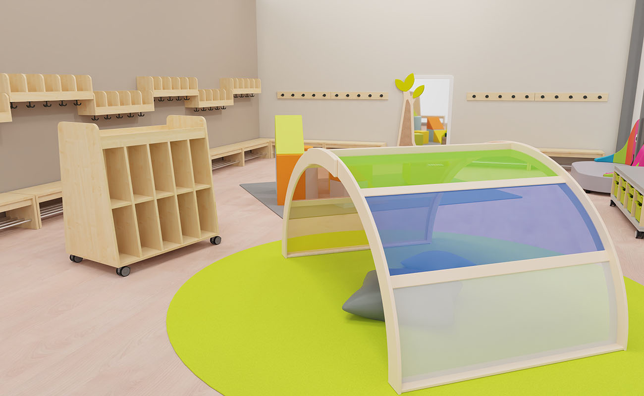 Garderobe Lichtbogen Ausschnitt mit EduCasa Regenbogen mit Acrylglas, Taschenwagen und Flexeo Armadio Garderobe