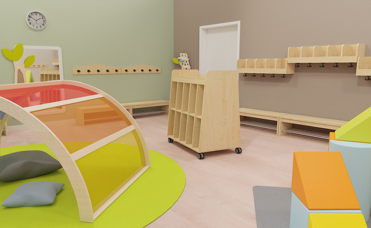 Garderobe Lichtbogen Ausschnitt mit EduCasa Regenbogen mit Acrylglas, Taschenwagen, Betzold Softbausteinen, Flexeo Armadio Garderobe und EduCasa Spiegel Baum mit Mattenwagen,Schlafblätter, EduCasa Teppich Dots und Wickeltisch mit Treppe