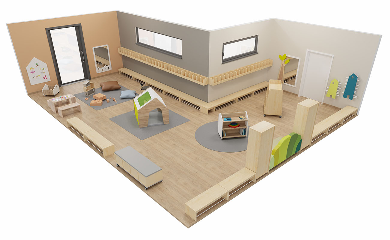 Garderobe Waldwinkel mit Flexeo Armadio Garderoben, Betzold Waldsofa, Betzold Holz-Sitzgruppe, EduCasa Taschenwagen und Spielhaus Sinne