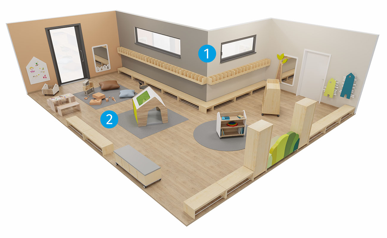 Garderobe Waldwinkel mit Flexeo Armadio Garderoben, Betzold Waldsofa, Betzold Holz-Sitzgruppe, EduCasa Taschenwagen und Spielhaus Sinne