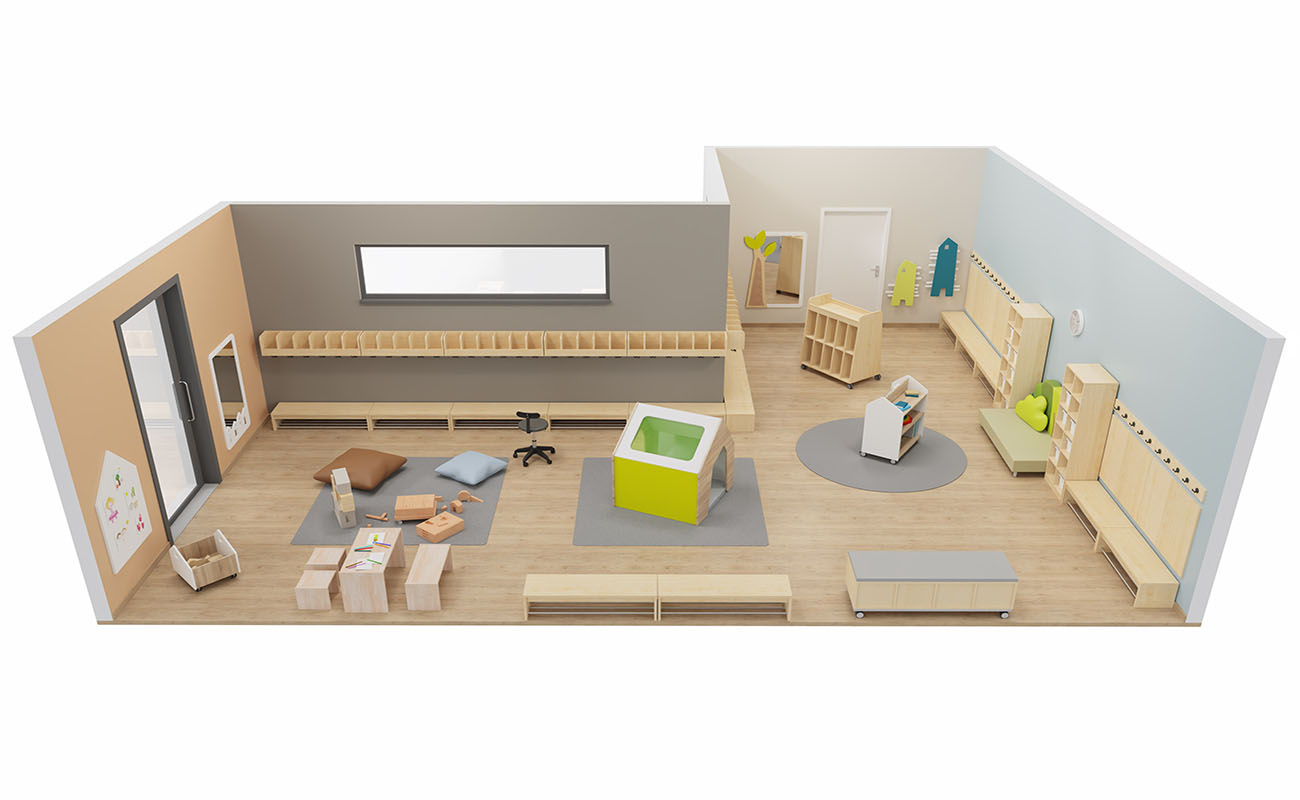 Garderobe Waldwinkel mit Flexeo Armadio Garderoben, Betzold Waldsofa, Betzold Holz-Sitzgruppe, EduCasa Taschenwagen und Spielhaus Sinne