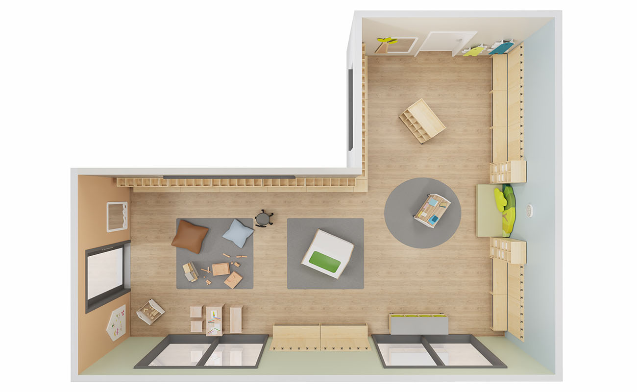 Garderobe Waldwinkel mit Flexeo Armadio Garderoben, Betzold Waldsofa, Betzold Holz-Sitzgruppe, EduCasa Taschenwagen und Spielhaus Sinne