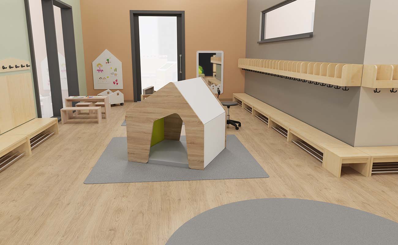Garderobe Waldwinkel Ausschnitt mit EduCasa Spielhaus Sinne, Flexeo Armadio Garderoben, Betzold Holz-Sitzgruppe und EduCasa Magnettafel Haus