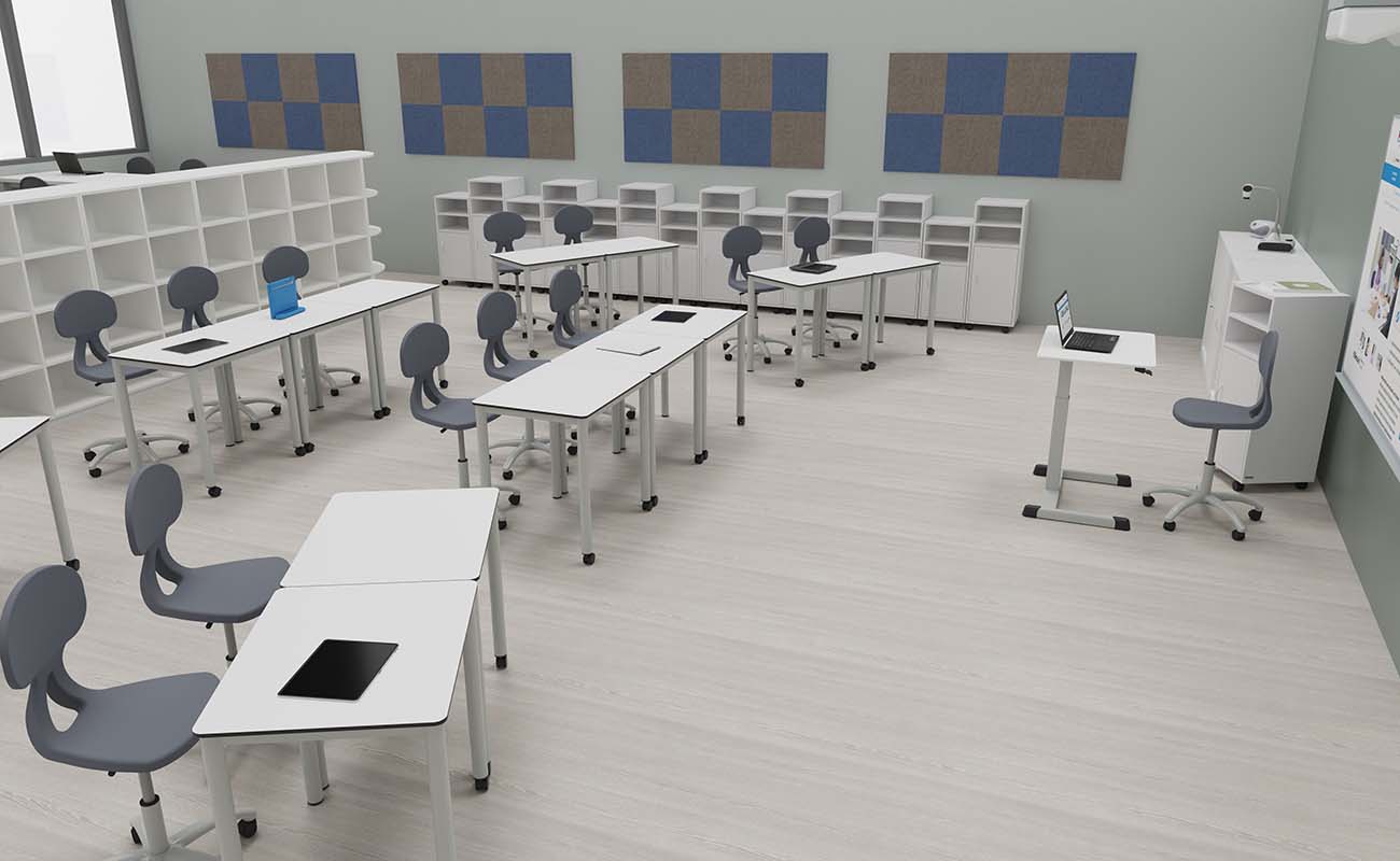 GKlassenzimmer Wissensnetz Ausschnitt vorderer Klassenbereich mit Xilent Schallschutz, Drehstühlen, Whiteboard, Flexeo Regalen und Einzeltischen