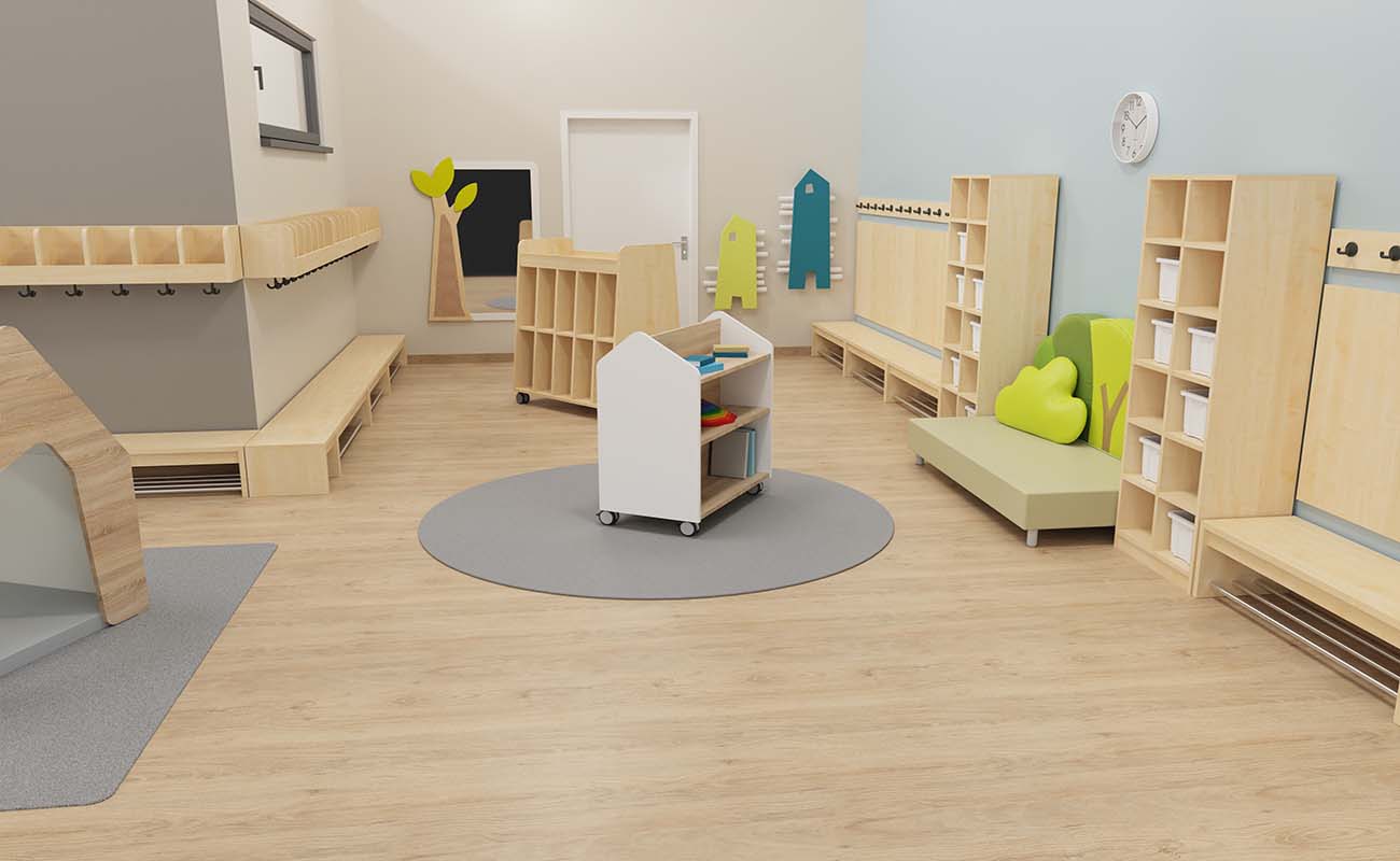 Garderobe Waldwinkel Ausschnitt mit EduCasa Bücherwagen, Taschenwagen, Flexeo Armadio Garderoben und Betzold Waldsofa
