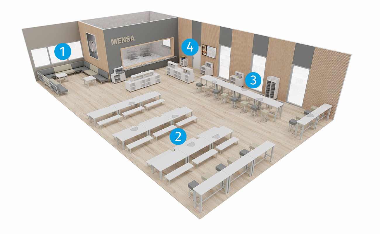 Mensa PausePlus   Mensa PausePlus mit essBar Tischen und Stühlen, Buffetwagen, essBar Sofa Sitzecke und Tablettwagen