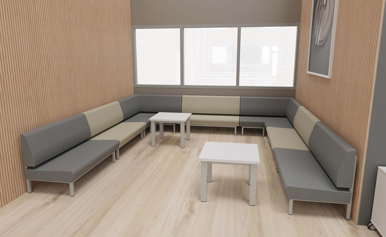 Mensa PausePlus Ecke mit essBar Sofas und Einzeltischen
